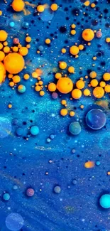 Vibrant cosmic wallpaper with orange and blue spheres in abstract design.