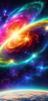 Colorful cosmic burst over Earth in vibrant space wallpaper.