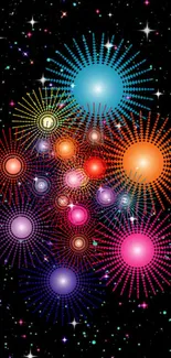 Vibrant cosmic burst wallpaper with colorful star patterns on a black background.