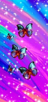 Colorful wallpaper with butterflies and stars on a vibrant gradient background.