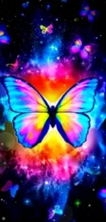 Vibrant cosmic butterfly with neon colors on a galaxy background.