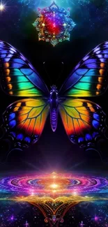 Vibrant cosmic butterfly art on a colorful galaxy background.