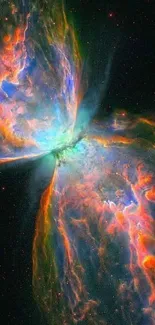 Vibrant cosmic butterfly nebula in space art wallpaper.