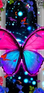 Vibrant pink and blue butterfly with cosmic backdrop.