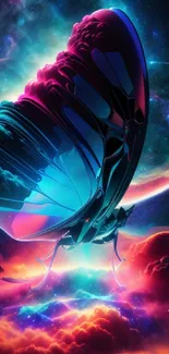 Vibrant cosmic butterfly artwork with neon colors and starry background.