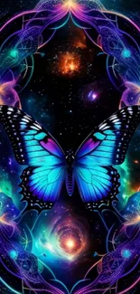 Vibrant cosmic butterfly with galactic background and bright colors.