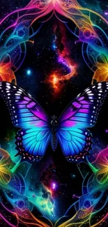 Vibrant butterfly in a galaxy backdrop with colorful cosmic design.