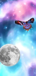 Colorful cosmic butterfly and moon in a nebula-themed mobile wallpaper.