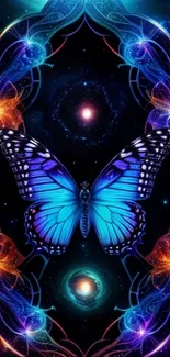 Vibrant blue butterfly with cosmic swirls background