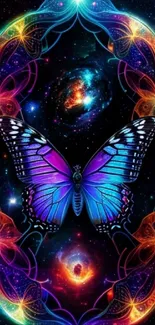 Vibrant cosmic butterfly with neon colors and galaxy background.