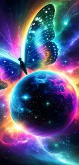 Vibrant cosmic butterfly with a colorful nebula and shining planet backdrop.