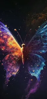 Artistic cosmic butterfly with vibrant colors and starry accents on a phone wallpaper.