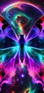 Colorful cosmic butterfly digital artwork in vibrant purple and blue hues.