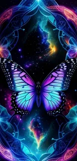 Neon butterfly with cosmic background in vibrant colors.