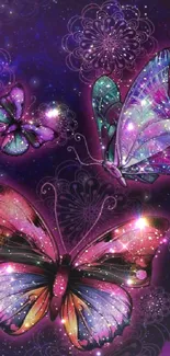 Colorful cosmic butterfly wallpaper with vibrant purple tones.