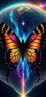 Vibrant butterfly with galaxy backdrop on mobile screen.