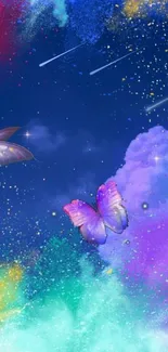 Vibrant cosmic wallpaper with butterflies and colorful sky.