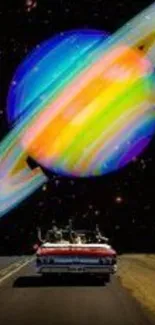 Bright cosmic scene with car under a large rainbow-colored planet at night.