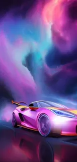 Vibrant cosmic wallpaper with neon sports car and galactic background.