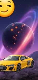 Yellow car under lunar-lit sky with planets.