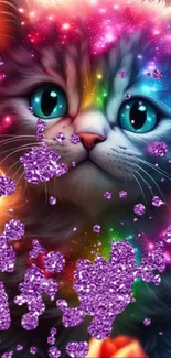 Vibrant colorful fantasy cat with glitter.