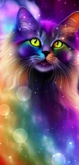 Colorful cosmic cat with rainbow nebula in space.