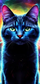 Vibrant cosmic cat with neon galaxy background.