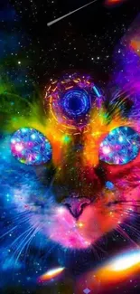 Colorful cosmic cat with vibrant galaxy background art.