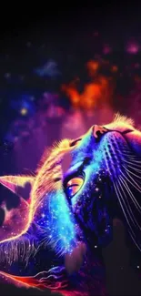 Vibrant neon cosmic cat wallpaper with colorful space theme.