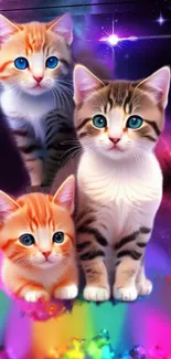 Vibrant space-themed wallpaper with three adorable kittens and a galaxy backdrop.