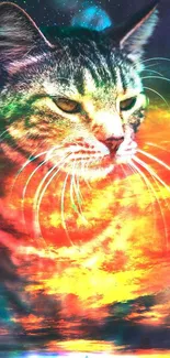 Vibrant cosmic cat blends with fiery sunset in colorful mobile wallpaper.