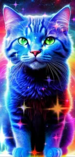 Blue cosmic cat with neon colors and galaxy background.