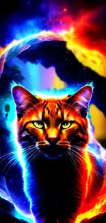 Vibrant cosmic cat with neon colors and space background.