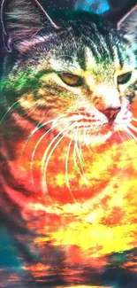 Colorful cosmic cat with vibrant orange hues.