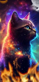 Neon cosmic cat with vibrant colors and celestial background.