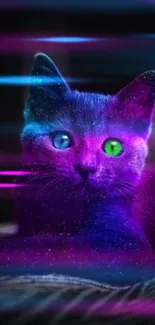 Neon cosmic cat with purple fur and green eyes on a dark background.