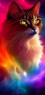 A majestic cat in vibrant, cosmic colors with a nebula background for mobile wallpaper.