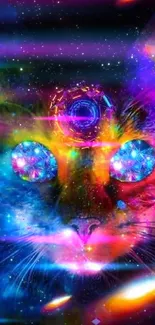 Colorful cosmic cat with vibrant galaxy background.