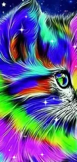 Vibrant rainbow-hued cat with butterfly in galaxy background.