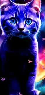 Neon blue cat in a vibrant galaxy background.