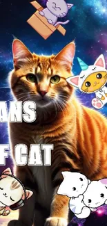 Orange tabby cat in a galaxy with cute cartoon cats.