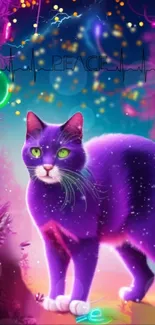 Purple cosmic cat with neon accents on a mobile wallpaper.