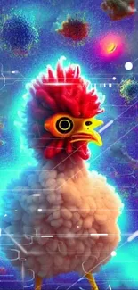 Whimsical cosmic chicken with vibrant colors and clouds in mobile wallpaper.