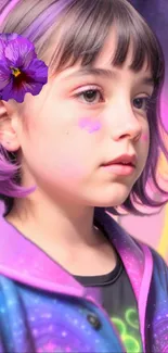 Child with purple hair and cosmic floral elements in vibrant wallpaper.