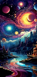 Vibrant cosmic cityscape with swirling galaxies and colorful planets.