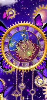 Purple cosmic clock with butterflies and gears wallpaper.