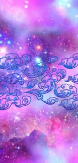 Vibrant cosmic cloud wallpaper with pink, purple, and blue hues.