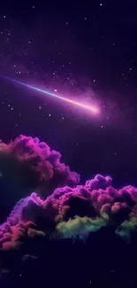 A vibrant cosmic wallpaper with purple clouds and a shooting star in a night sky.