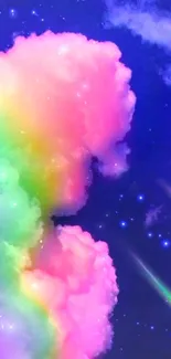 Vibrant cosmic cloud with neon colors against starry sky background.