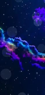 Vibrant cosmic cloud against a starry dark blue sky on mobile wallpaper.